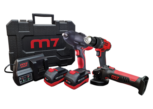 M7 PACKV6 Akkuwerkzeugset mit 1/2" Kraftschrauber, Schraubbohrer und Winkelschleifer