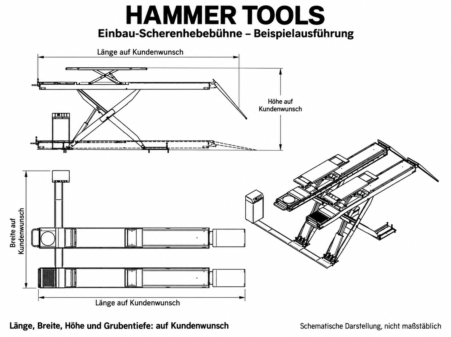 Hammer Tools Einbau-Scherenhebebühne: technische Beispielzeichnung mit Länge, Breite, Höhe und Grubentiefe auf Kundenwunsch