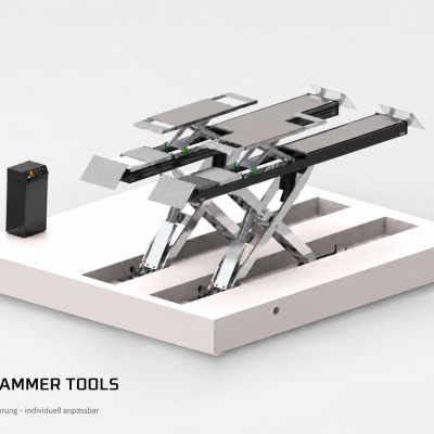 Schwarze Hammer Tools Einbau-Scherenhebebühne mit langen Fahrbahnen und Zusatzhub – individuell anpassbare Beispielausführung