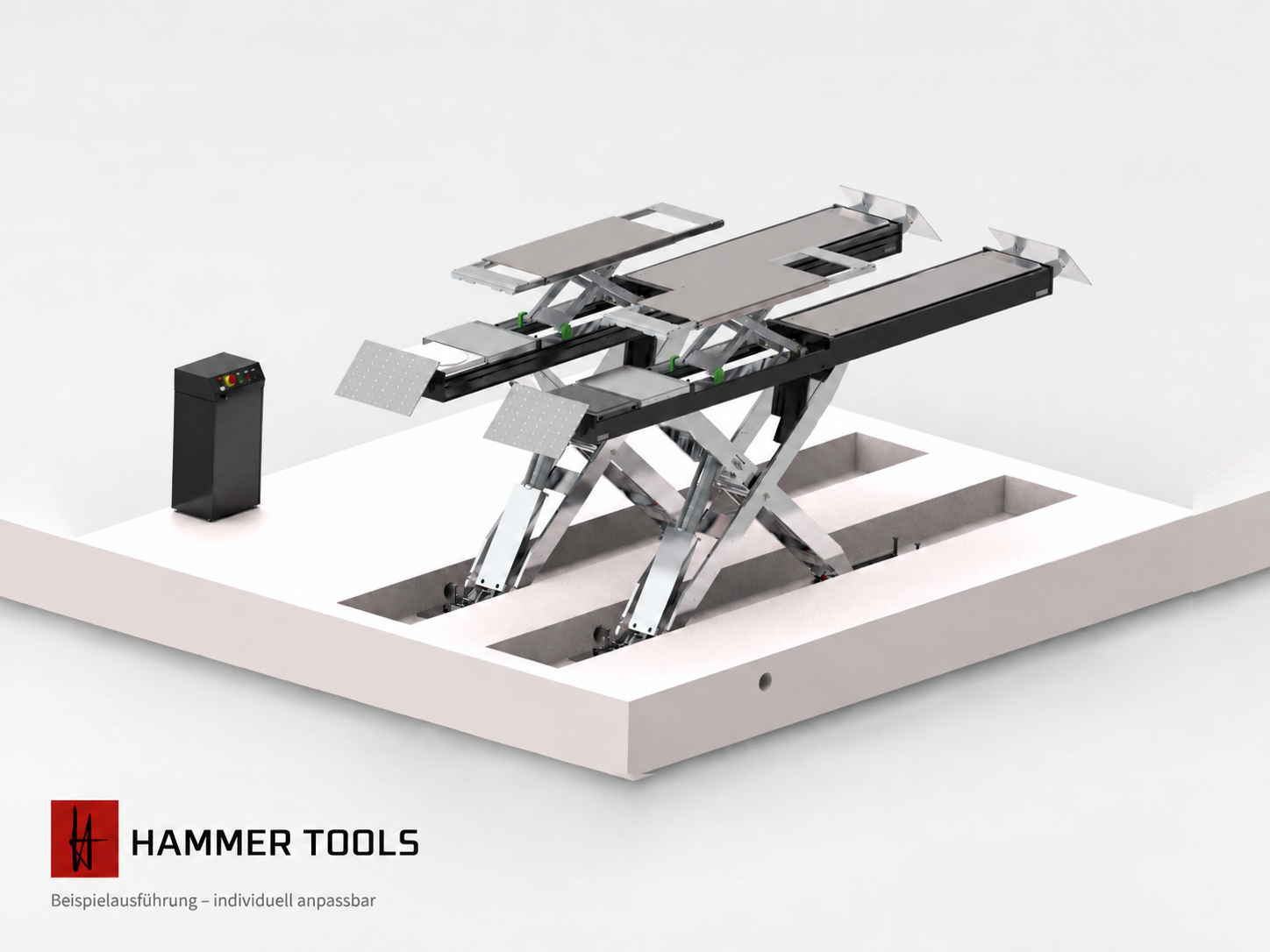 Schwarze Hammer Tools Einbau-Scherenhebebühne mit langen Fahrbahnen und Zusatzhub – individuell anpassbare Beispielausführung